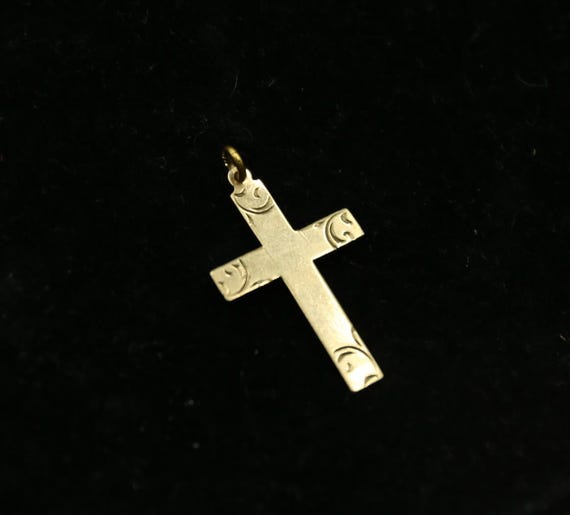 9ct Yellow Solid Gold Patterned Cross Pendant - image 2