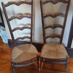 Two ANTIQUE French Provincial Ladder-back Rush Seat Weaver&#39;s Chairs 1880&#39;s Ex Cond