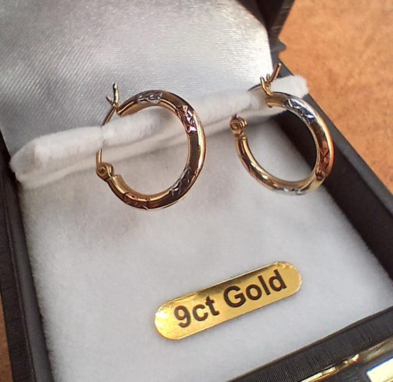 9ct Yellow/White/Rose Solid Gold PATTERNED Hoop E… - image 3