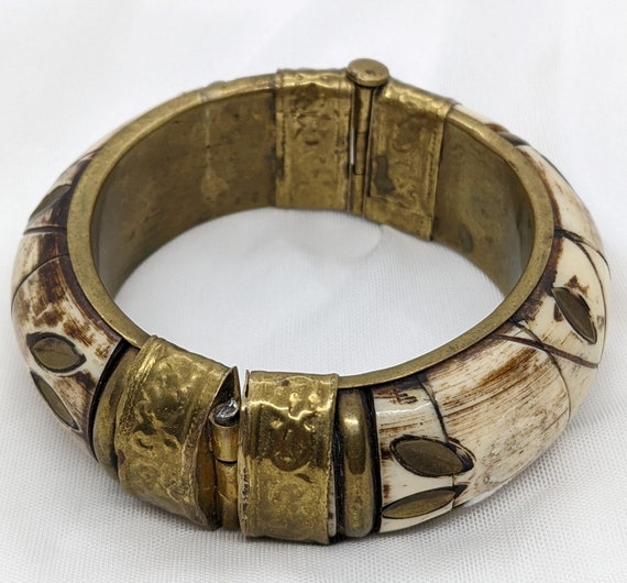 1960's FLOWER POWER BOHEMIAN Brass & Bone Bangle … - image 1