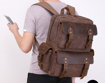 Canvas backpack men Military backpack Waxed canvas rucksack Leather backpack men Leather rucksack canvas Rucksack herren Rucksack damen