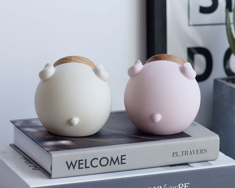 May include: Two ceramic piggy banks, one white and one pink, with wooden tops. The piggy banks are sitting on a book with the word "WELCOME" printed on the cover.