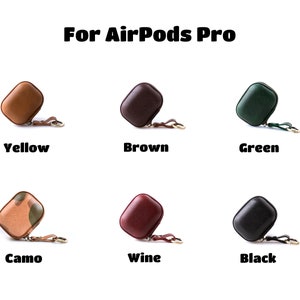 May include: Six different colored leather cases for AirPods Pro. The cases are in the colors yellow, brown, green, camo, wine, and black.
