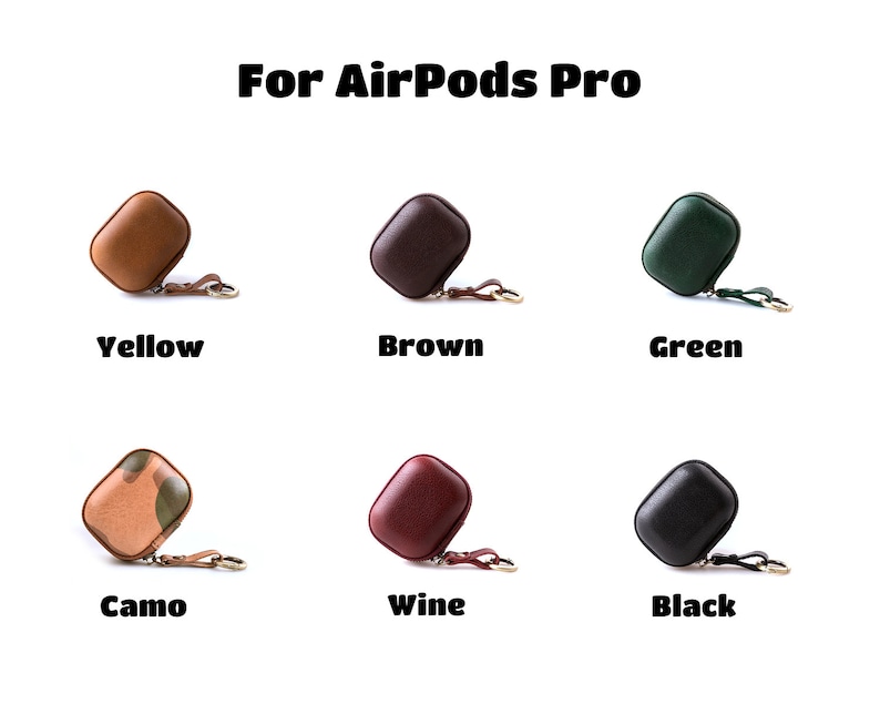 May include: Six different colored leather cases for AirPods Pro. The cases are in the colors yellow, brown, green, camo, wine, and black.