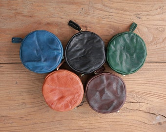 Washed Leather Circle clutch | Round leather coin purse | Small leather key pouch | Cowhide purse| Gift for her| Genuine Leather accessories