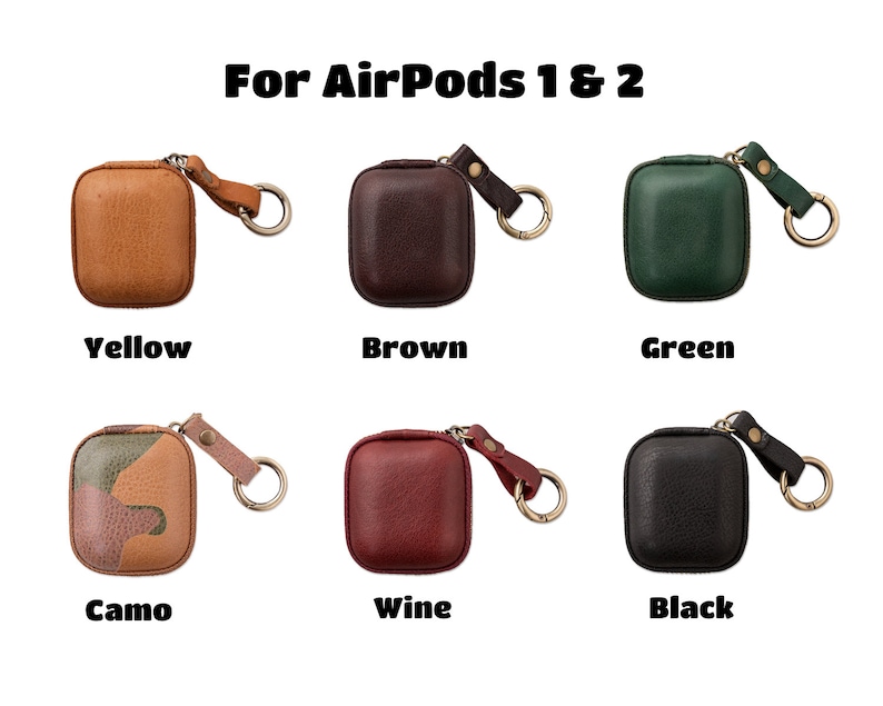 May include: Six different colored leather cases for AirPods 1 & 2. The cases are yellow, brown, green, camo, wine, and black. Each case has a small metal loop for attaching a keychain.
