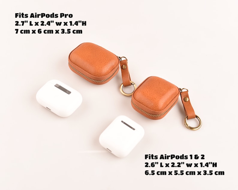 May include: Two brown leather zippered cases with keychains for AirPods Pro and AirPods 1 & 2. The cases are 2.7 inches long by 2.4 inches wide by 1.4 inches high for AirPods Pro and 2.6 inches long by 2.2 inches wide by 1.4 inches high for AirPods 1 & 2.