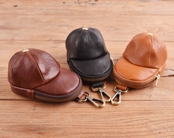 Baseball cap leather coin purse | Baseball hat small leather pouch with keychain hook|Baseball charm leather hip pouch|Zip leather key pouch