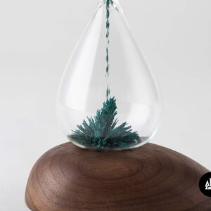 K&ouml;nnte beinhalten: Eine gl&auml;serne Sanduhr mit einem Holzsockel. Der Sand ist in einem leuchtenden T&uuml;rkisgr&uuml;n gef&auml;rbt und flie&szlig;t durch die obere Birne.