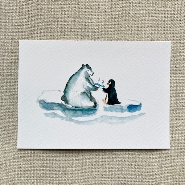 Karte Aquarelle Eisbär und Pinguin