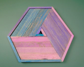 Wood wall decor, vaporwave wall art, reclaimed wood in blue, pink, purple, geometric hexagon, small modern hanging pallet art