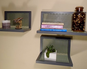 Reclaimed Wood Floating Shelves, Wall Shelf, Reclaimed Wood Shelf With  Modern Steel Mesh in Sage Green and Charcoal Gray, Set of 3 