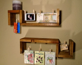 Reclaimed wood floating shelves, photo holder shelf, curio shelf for display, set of 2