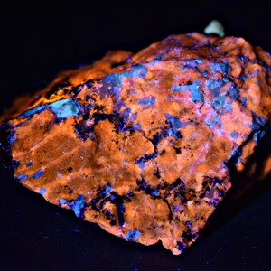 May include: A large, rough, orange and blue rock with a mottled surface. The rock is illuminated with a UV light, causing it to fluoresce.