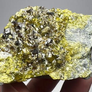May include: A mineral specimen featuring a cluster of vibrant yellow-green crystals interspersed with small, dark, metallic-looking cubic structures. The crystalline formation is set against a rough, grey, rocky matrix with a textured surface.