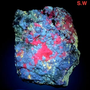May include: A close-up of a mineral specimen with a dark gray base, featuring vibrant patches of neon pink and blue. Small yellow highlights are scattered throughout. The letters "S.W" are in the upper right corner.