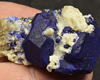 Espécimen de cristal de lazurita azul real de 195 quilates con cristales fluorescentes de forsterita, pirita de Badakhshan Afganistán