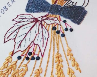 Herbstliche Handstickerei, Maus und Weizengarbe aus einem wilden Jahr der Kränze und Girlanden