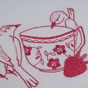 Bird Redwork Pattern, PDF Bird Hand Embroidery Pattern, &quot;Edward and Matilda Choose China - Summer Blooms&quot;