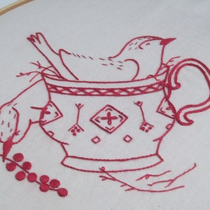 Hand Embroidery Bird Pattern, Downloadable Bird Redwork Pattern, PDF Embroidery Pattern, &quot;Edward and Matilda Choose China - Lady Nestleton&quot;