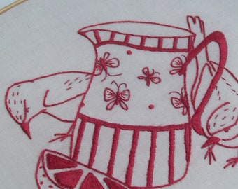 "PDF-Redwork-Muster, Vogel, Handstickerei, "Edward und Matilda wählen China - ""Winged Fancy"""