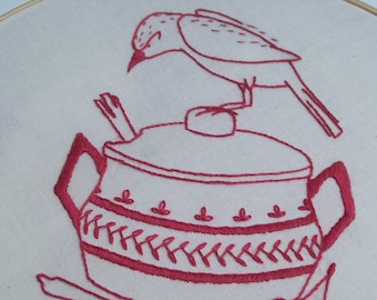 Bird Hand Embroidery Pattern, PDF Bird Redwork pattern, Instant Download, "Edward and Matilda Choose China - Sweet Sprigs"