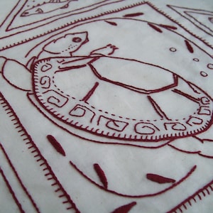 Turtle Hand Embroidery Pattern, PDF Turtle Redwork Download, Marshland Redwork Series: Painted Turtle, Pondweed & Stickleback