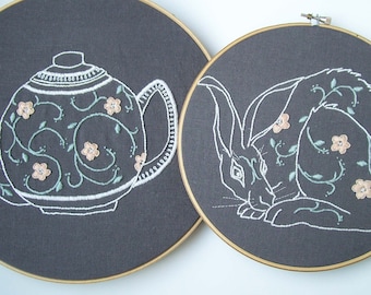 Rabbit Hand Embroidery Pattern and Teapot Embroidery Pattern with Tea Cozy Pattern