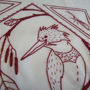 Kingfisher Hand Embroidery Pattern, PDF Redwork Embroidery Pattern for Kingfisher, Alder and Caddisfly (Marshland Redwork Series)