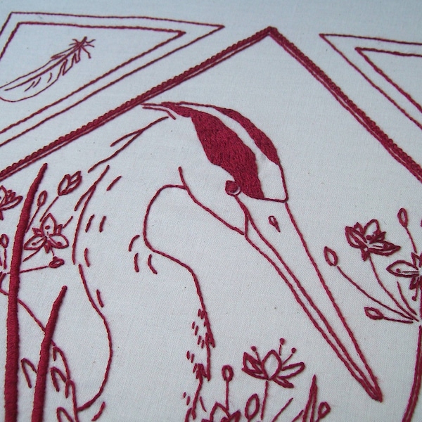 Heron Hand Embroidery Pattern, PDF Heron Embroidery from my Marshland Redwork Series