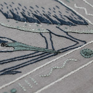 Reiher Handstickerei Muster, PDF Reiher Stickmuster, Herunterladbare Reiher Stickmuster, &quot;&quot;Boxed In Birds - Blauer Reiher&quot;&quot;&quot;