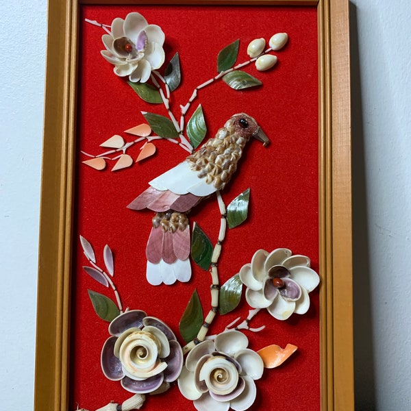 Cadre vintage coquillages et oiseau