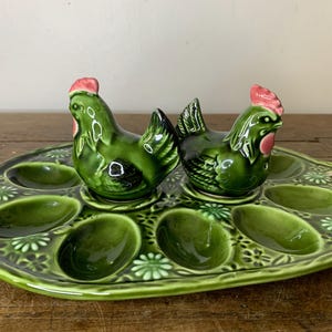 Vintage Green Earthenware Ceramic Egg Dish, Easter Egg Set with Rooster Salt and Pepper Shakers, Country Style Table Decoration
