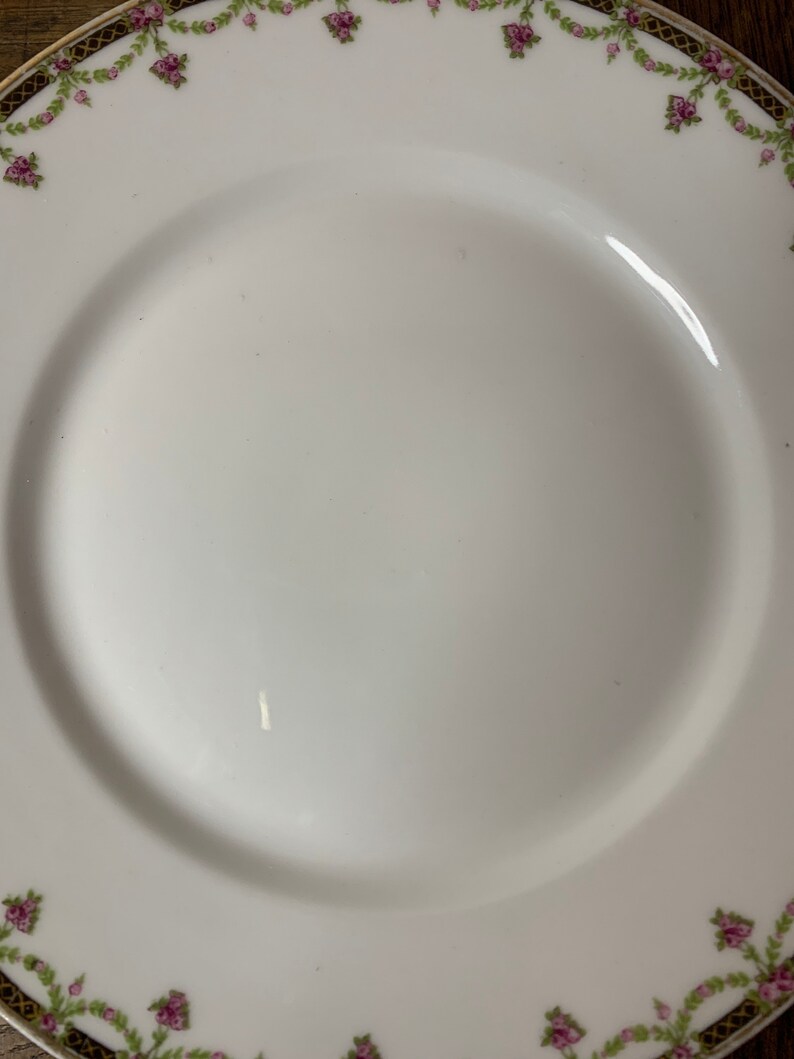 May include: White ceramic plate with a floral border. The border features pink flowers and green leaves on a gold background.