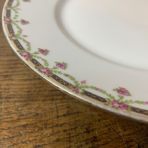 May include: A white porcelain plate with a gold rim and a delicate floral design featuring pink roses and green leaves.