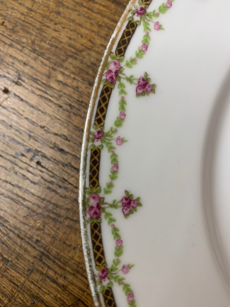 May include: A white porcelain plate with a gold rim and a delicate floral design. The design features pink roses and green leaves on a white background.