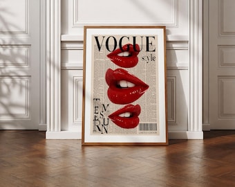 Vogue Lips Wall Art Print, Red Lips Poster, Fashion Magazine Art, Sexy Modern Wall Decor, Minimalist Chic Print, Editorial Style Artwork