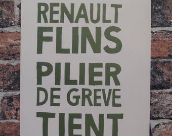 propaganda posters 60s Vintage Atelier Populaire Poster Print: renault flins pilier de greve tient