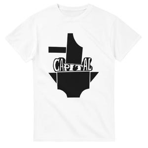 May include: A white short-sleeved t-shirt featuring a black graphic print on the chest. The design depicts a stylised hammer and anvil silhouette with the word CAPITAL written in a bold, wavy font across the centre of the anvil shape.