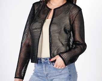 Ladies Mesh Jacket/Black Jacket/Long Sleeve Jacket/Mesh Bomber jacket/Trendy jacket/Extravagant jacket/Fashion jacket/Transparent jacket