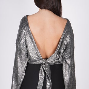 May include: A silver metallic top with long sleeves and a low back. The top is tied in a knot at the back.
