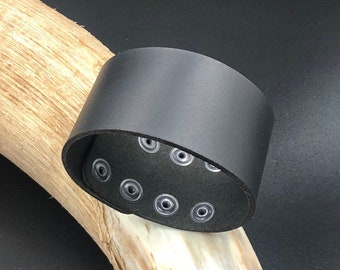 Black Leather Cuff Bracelet : Adjustable Wristband with Stainless Steel Rivets