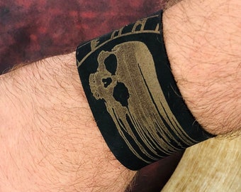 Mortal head leather bracelet Gift for rock music Skull  bracelet  Skull bracelet for him her Gift for rock music lover Rocker jewelry cuff