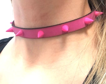 Pink Spiked Leather Choker : Adjustable Gothic Collar
