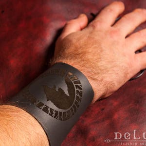 Skoll and hati Leather armband  Men's Leather  Bracelet Carving Leather Cuffs  viking leather armband Sköll and Hati  bracer Norse Mythology