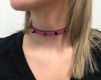 Pink Leather Spike Choker : Gothic Punk Bracelet