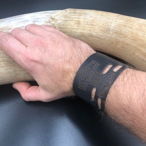 Mjollnir Leather Cuff Bracelet : Laser Engraved Viking Wristband