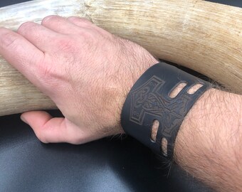 Mjollnir Leather Cuff Bracelet : Laser Engraved Viking Wristband