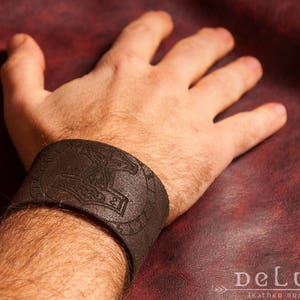 Thor Hammer Leather Cuff : Hand-Drawn Viking Bracelet