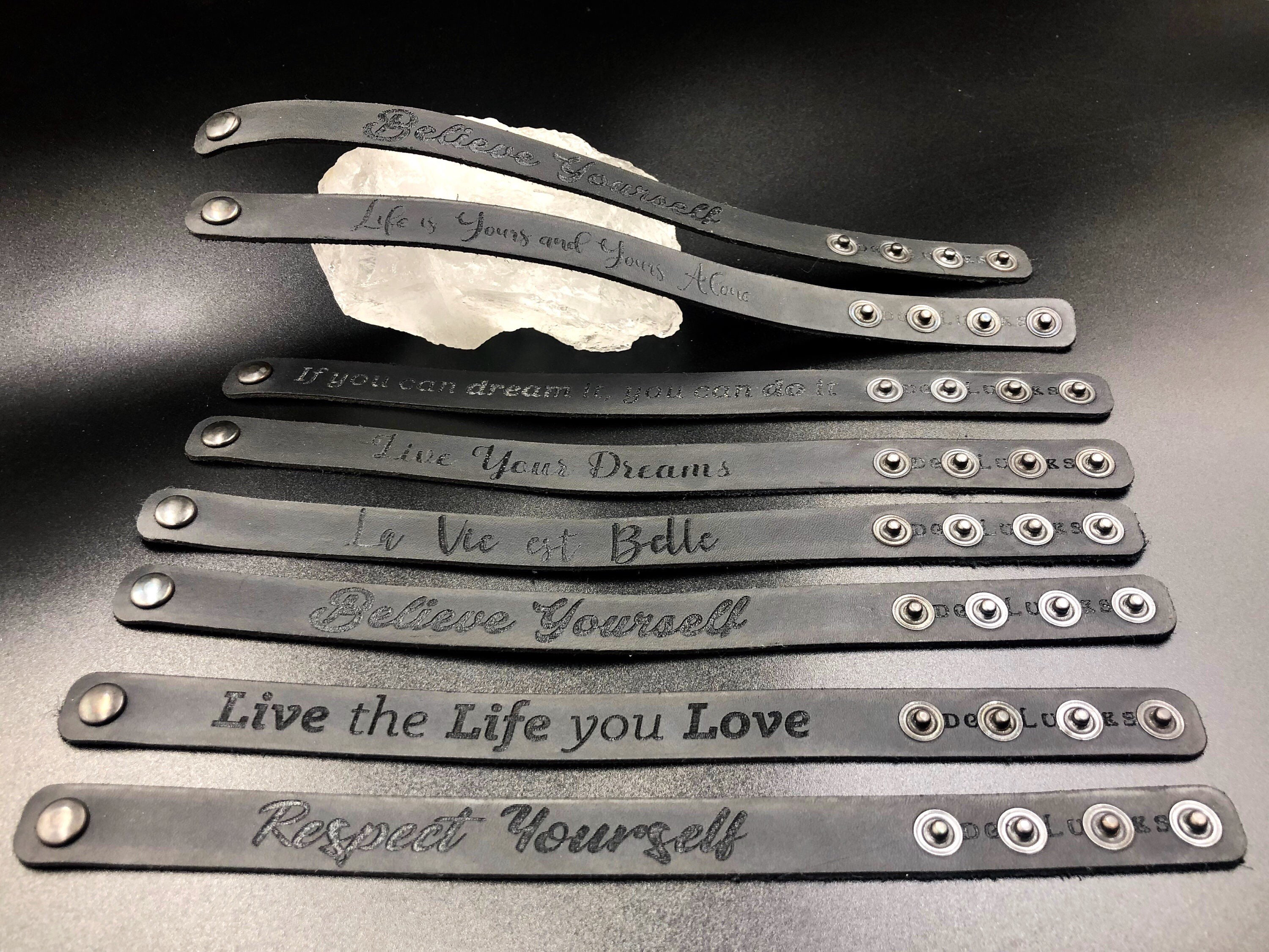 Vegan Leather Cuff Bracelet : Inspirational Quote , Adjustable Black Wristband